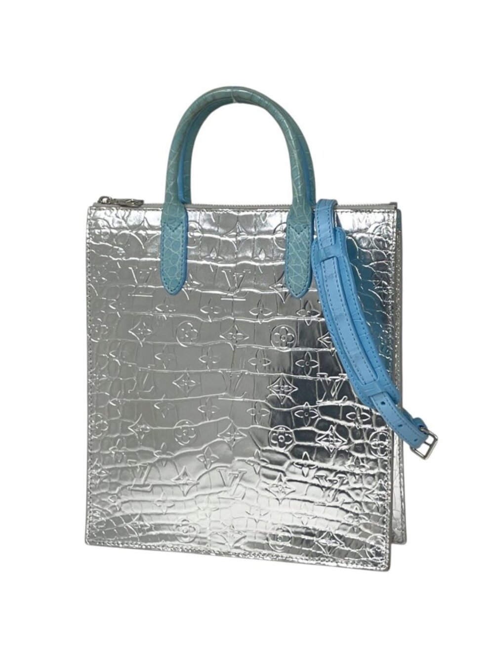 Louis Vuitton Sac Plat Messenger Tote Bag 2-Way Monogram Silver Light Blue